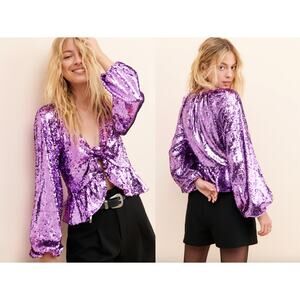 For Love & Lemons Size Small Purple Sequin Tie Front Madeline Sequin Top